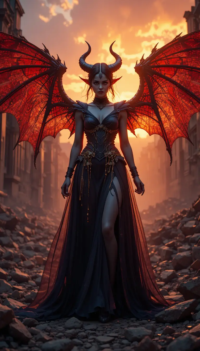 Mujer demoníaca con alas sobre las ruinas ardientes de una ciudad victoriana