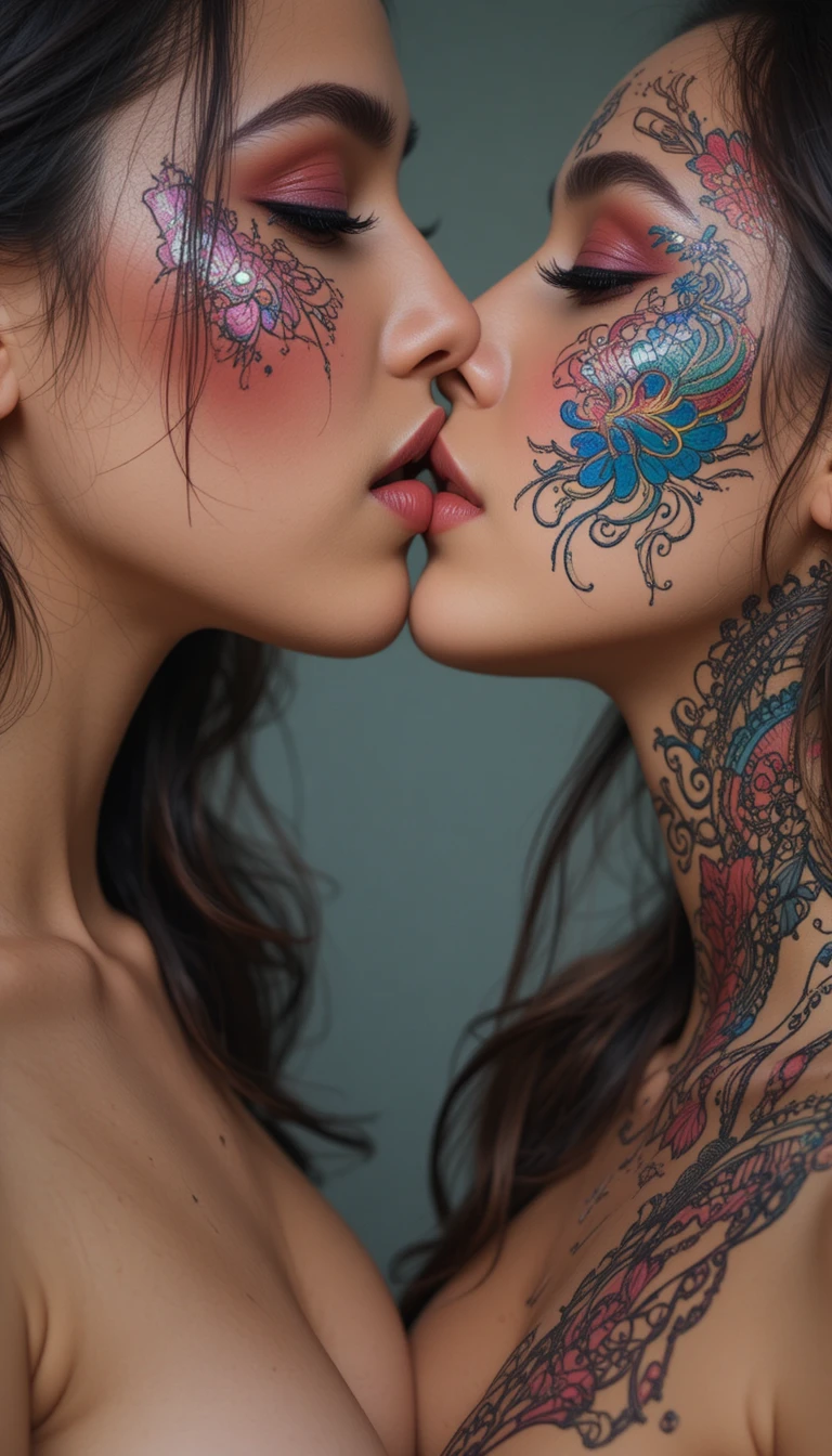 Sensual primer plano de dos mujeres con body art de dragón arcoíris