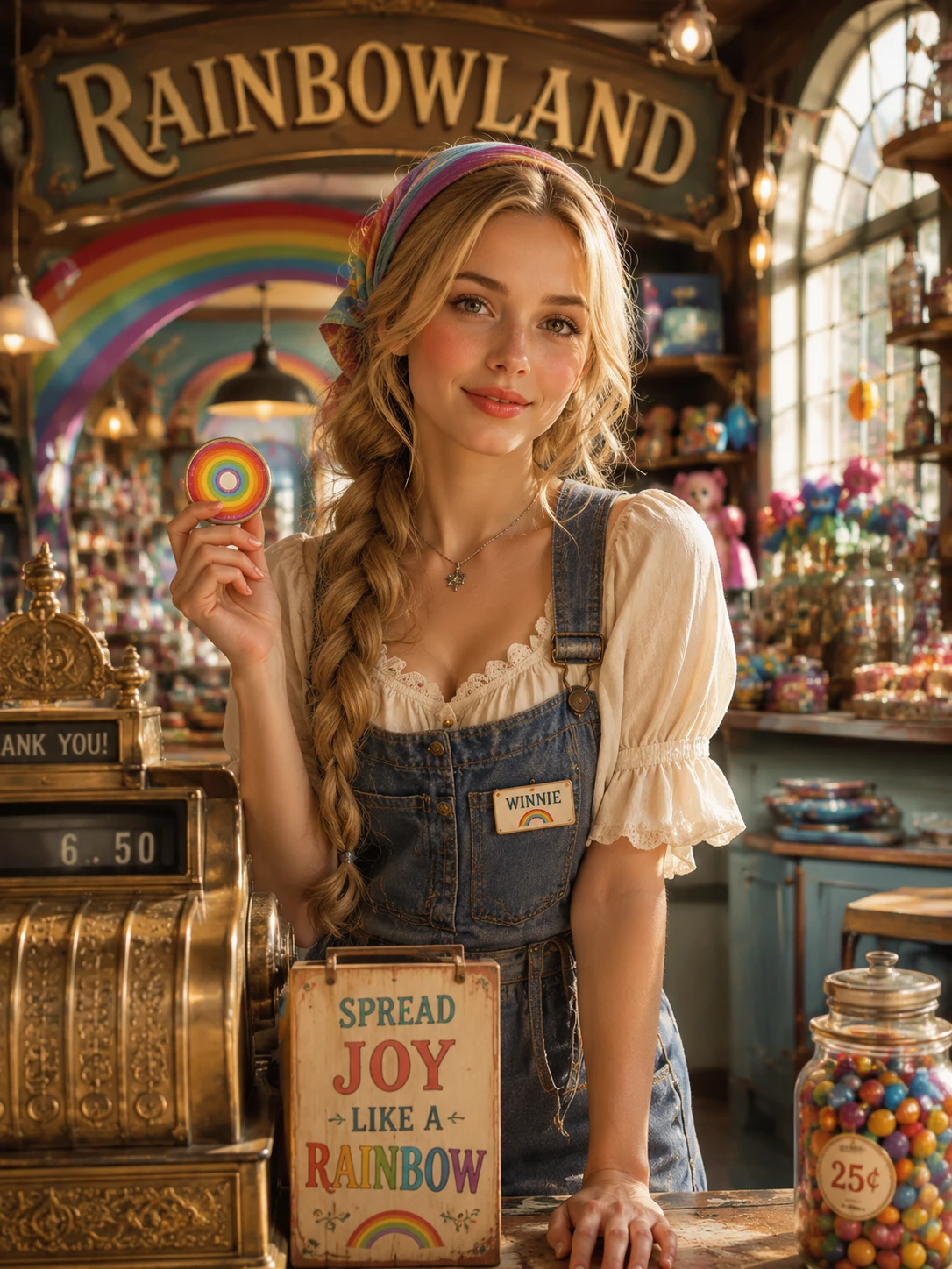 Joven mujer rubia con atuendo de trabajadora vintage en tienda arcoíris
