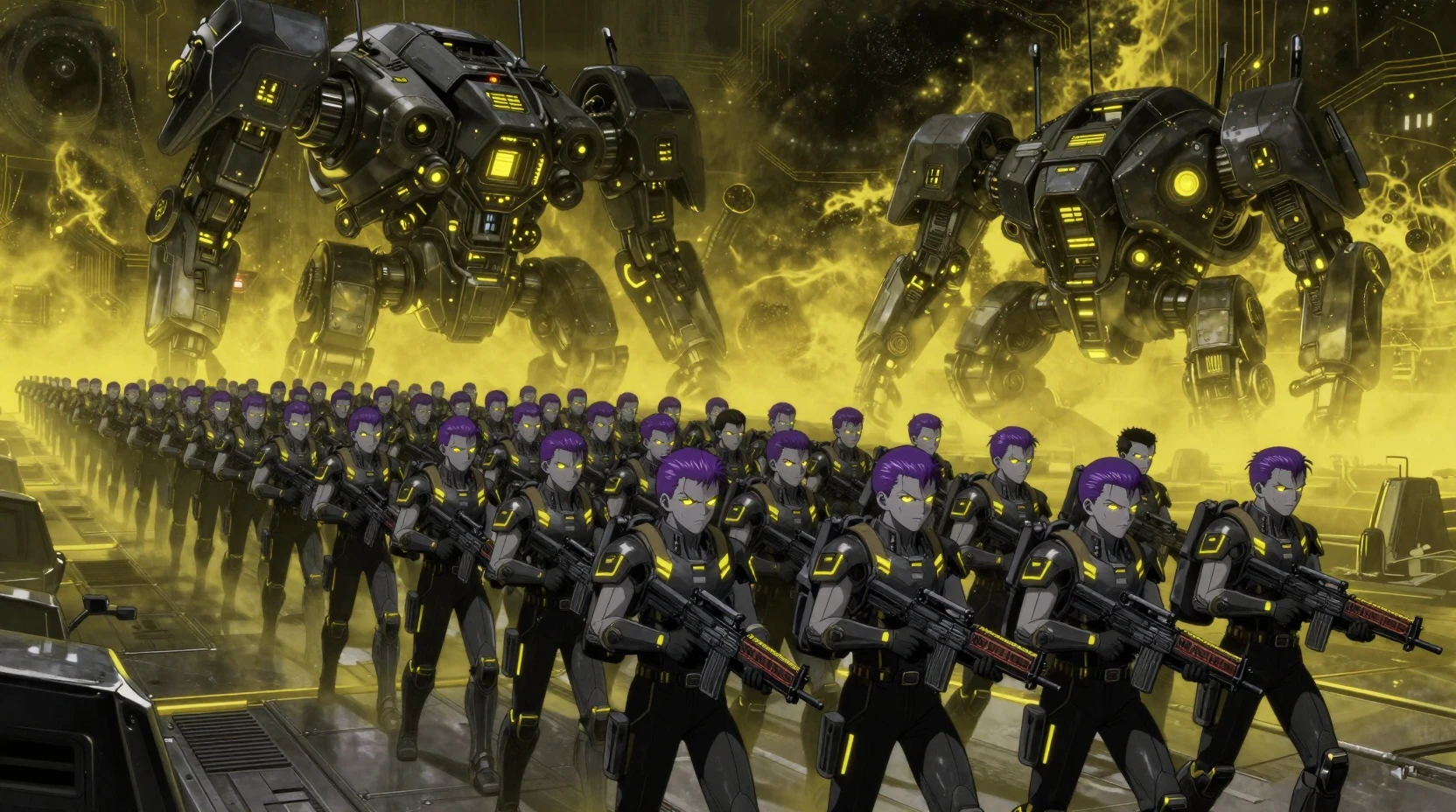 Fila interminable de soldados de ciencia ficción en un campo de batalla alienígena