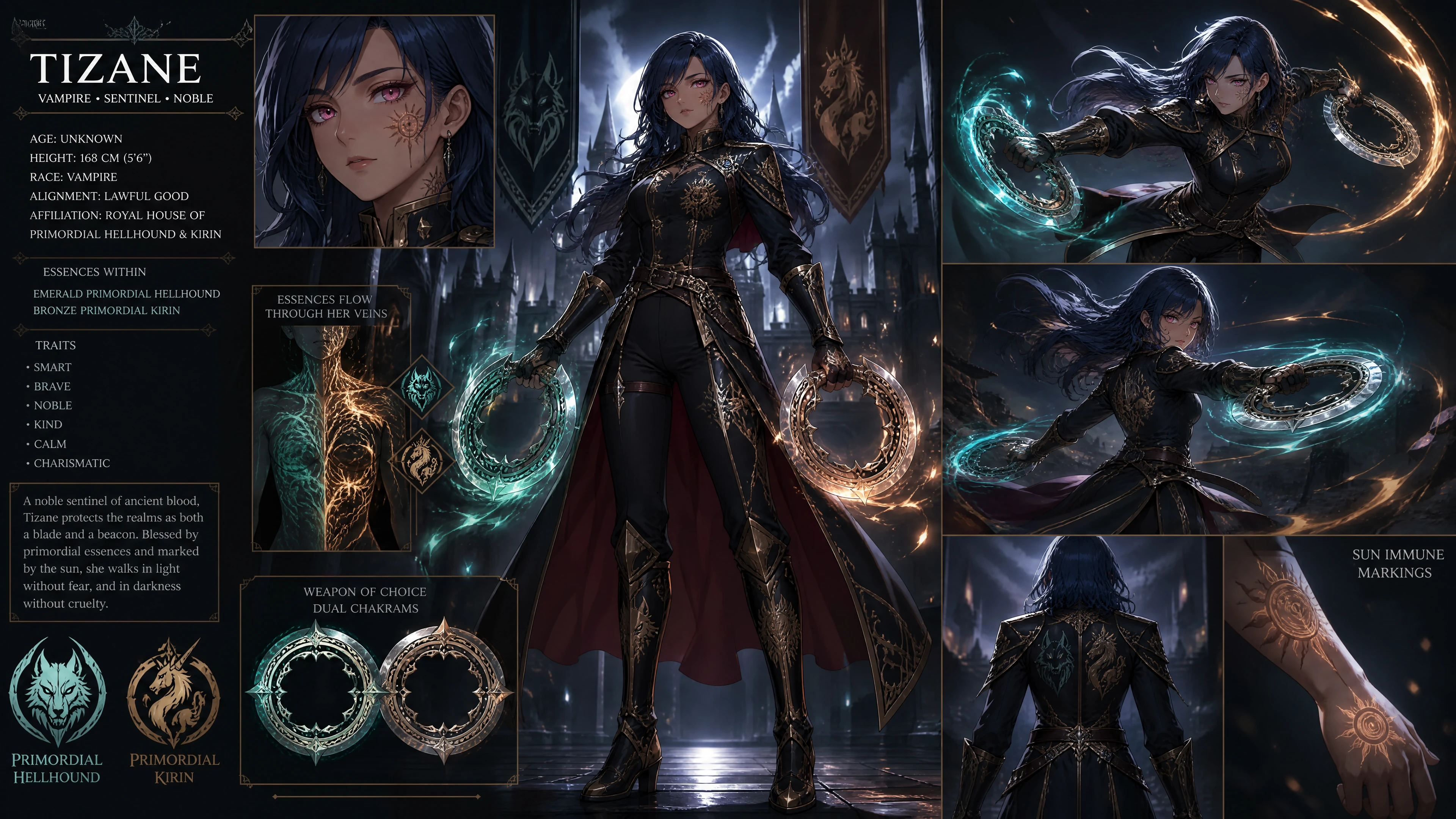 Noble vampira con uniforme de centinela real y chakrams