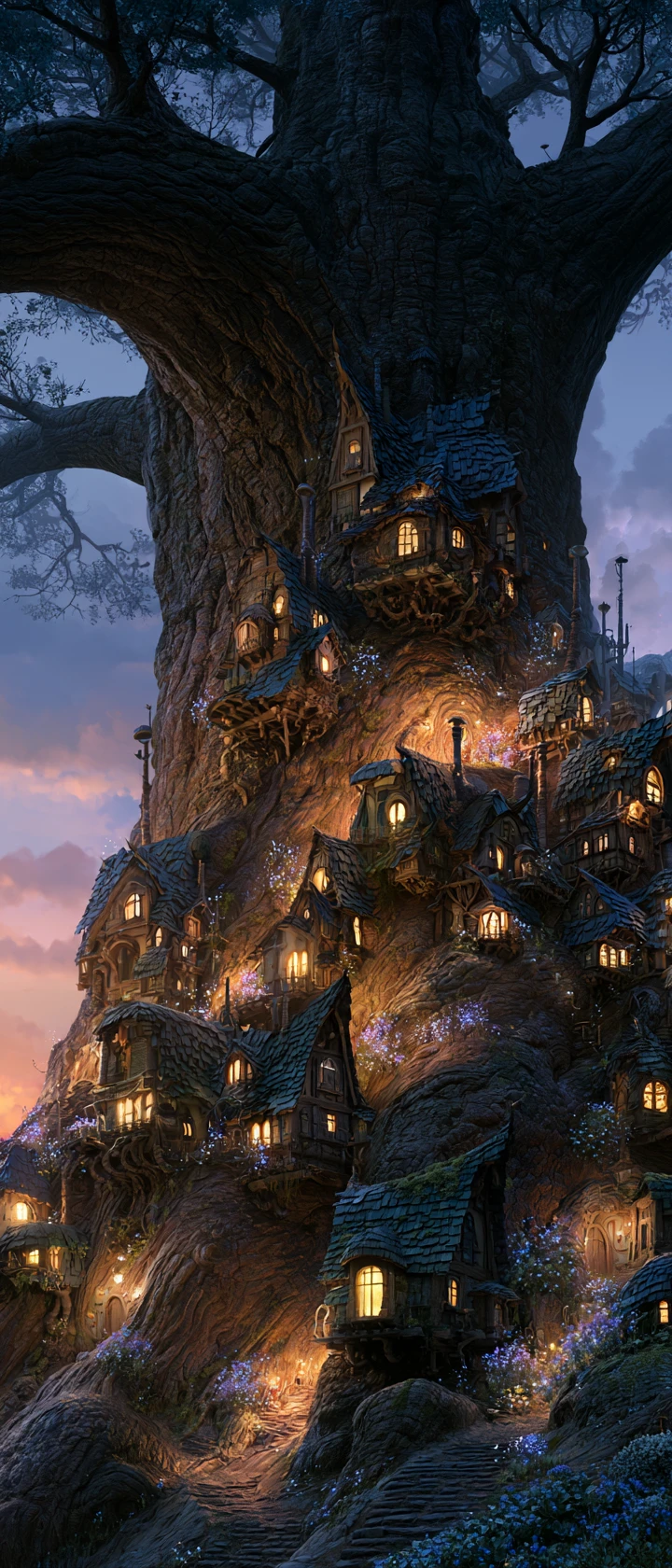 Ciudad en miniatura de gnomos tallada en las raíces de un árbol ancestral