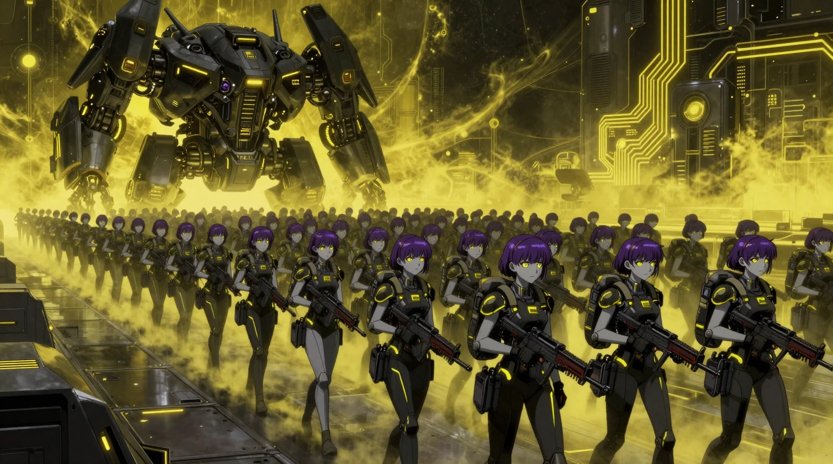 Chicas acorazadas de ciencia ficción marchando por un campo de batalla metálico alienígena