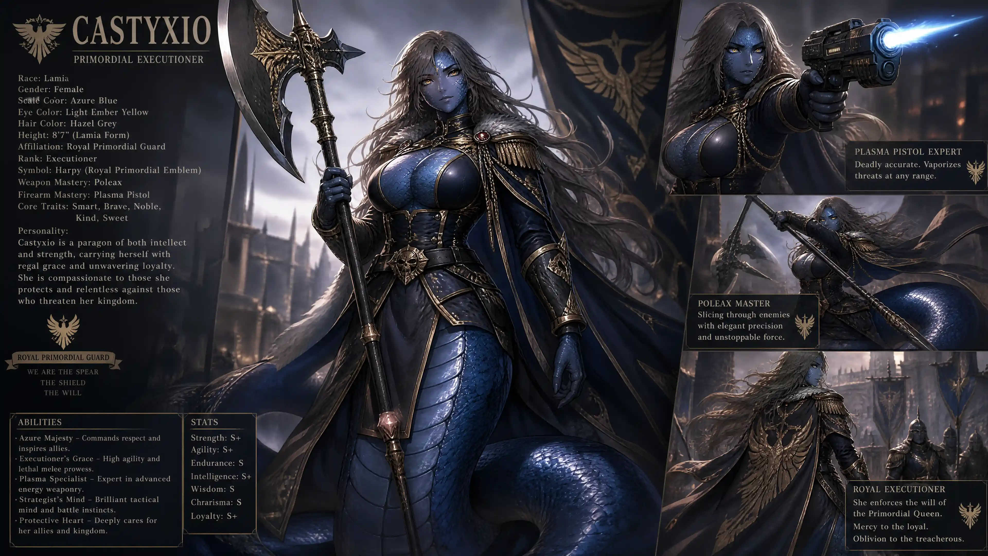 Blue scaled lamia warrior in royal executioner uniform