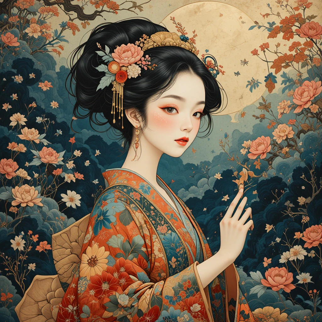 夢のような鮮やかな幻想世界の日本風巻物イラスト
