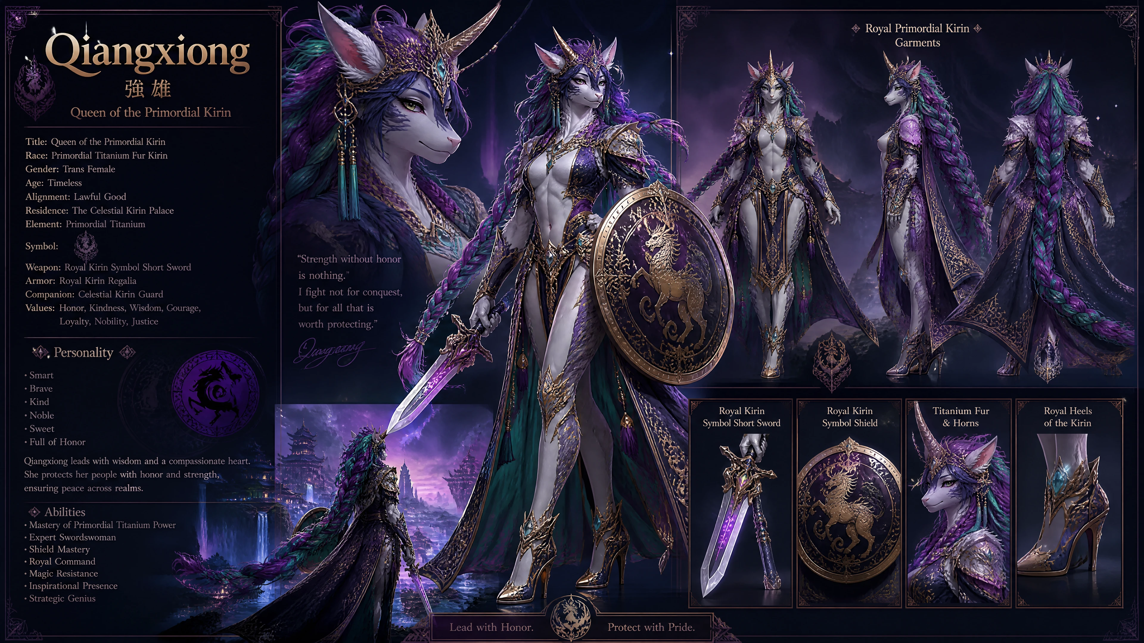 Regia reina qilin primordial con trenzas de cabello púrpura y verde azulado