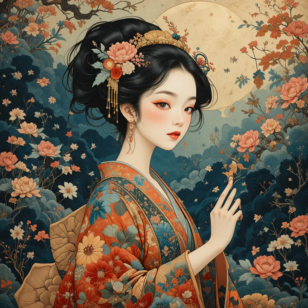夢幻般的日本卷軸插畫，呈現鮮豔奇幻場景