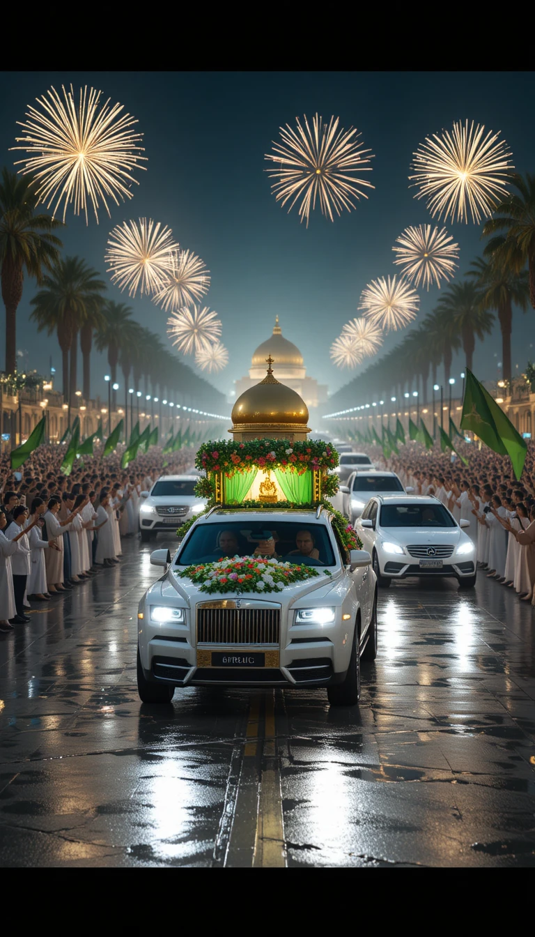 Procesión de Eid Milad con coche decorado y banderas verdes
