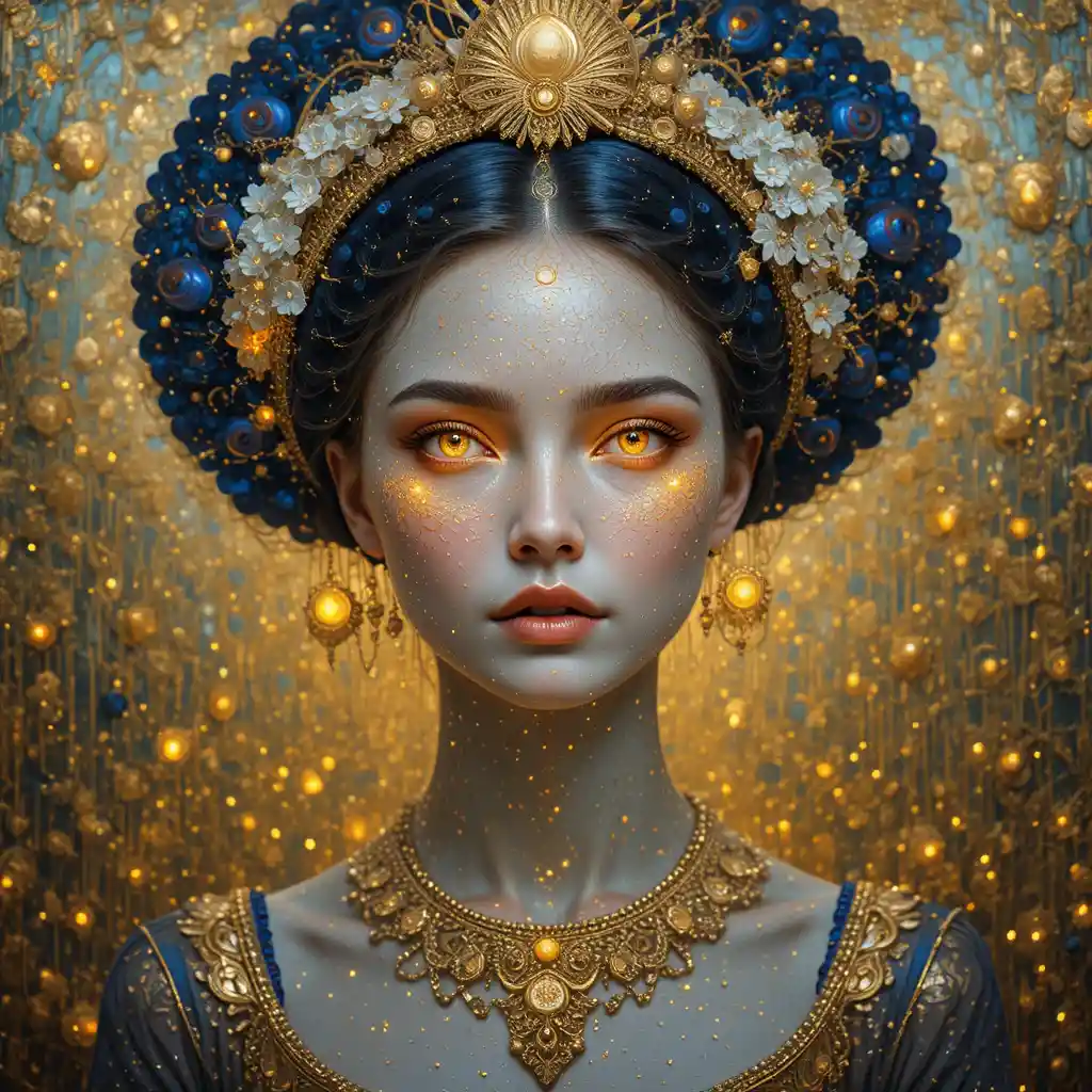 Retrato celestial de una figura regia en puntillismo dorado