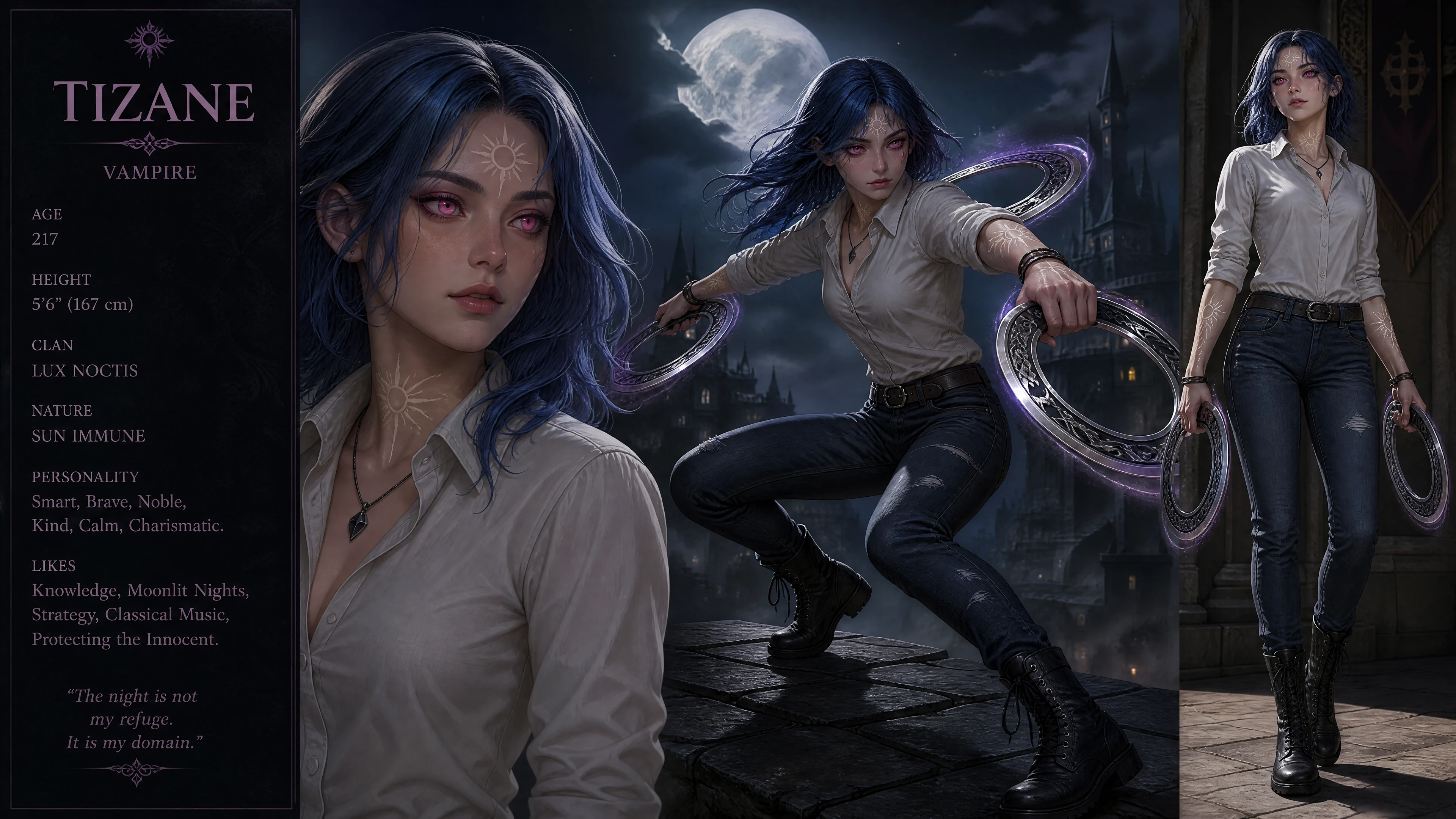 Noble vampira con chakrams en ropa moderna y casual
