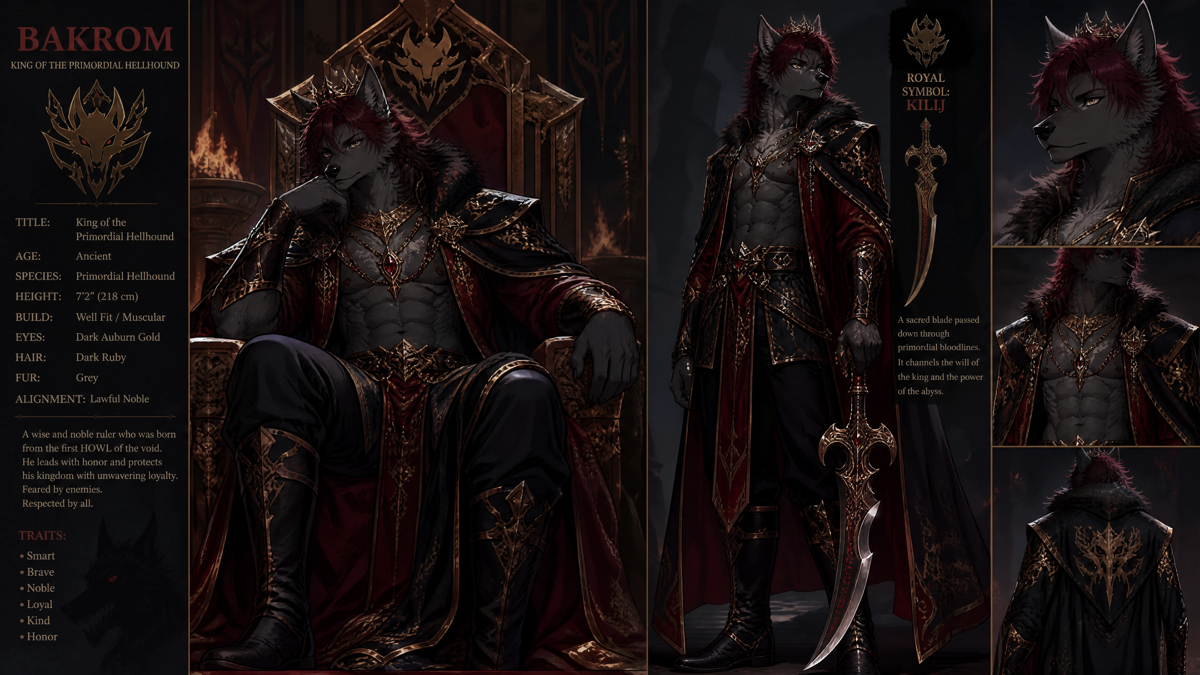 Majestuoso rey hellhound antropomorfo con suntuosas vestiduras reales