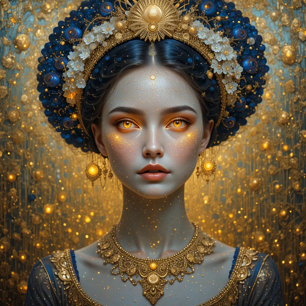 Retrato celestial de una figura regia en puntillismo dorado