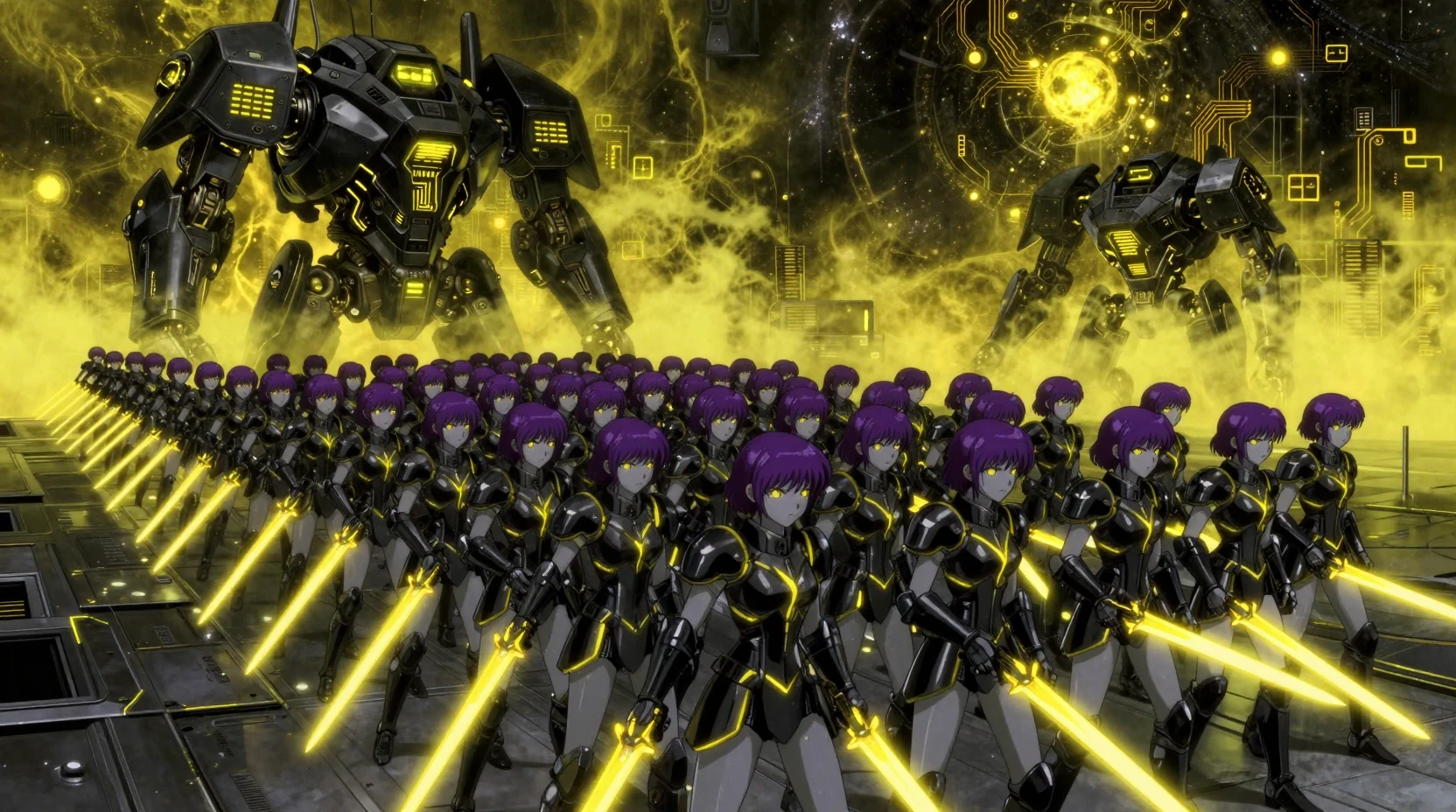 Ejército de chicas guerreras de ciencia ficción marchando con espadas de energía