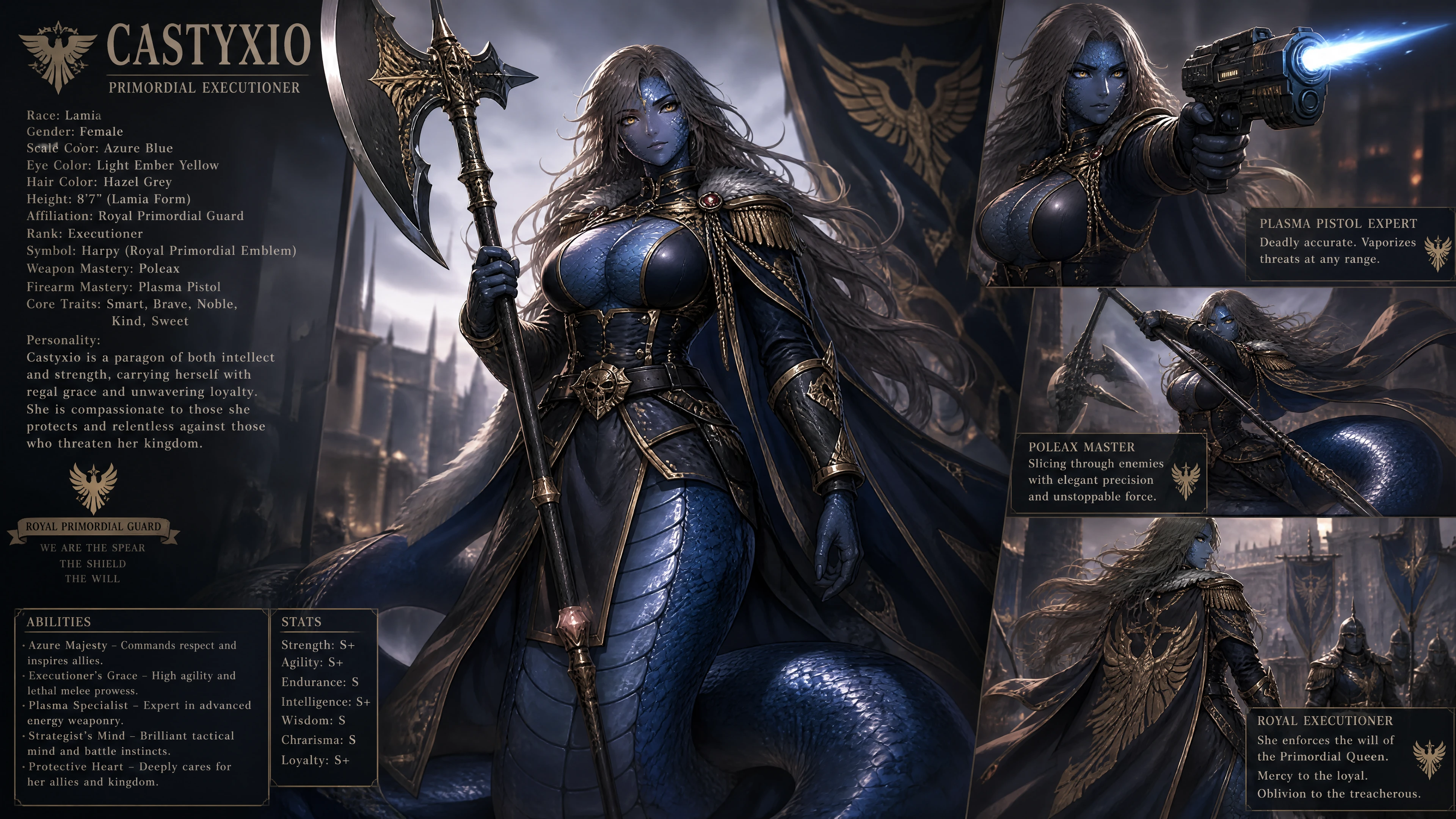 Guerrera lamia de escamas azules con uniforme de verdugo real