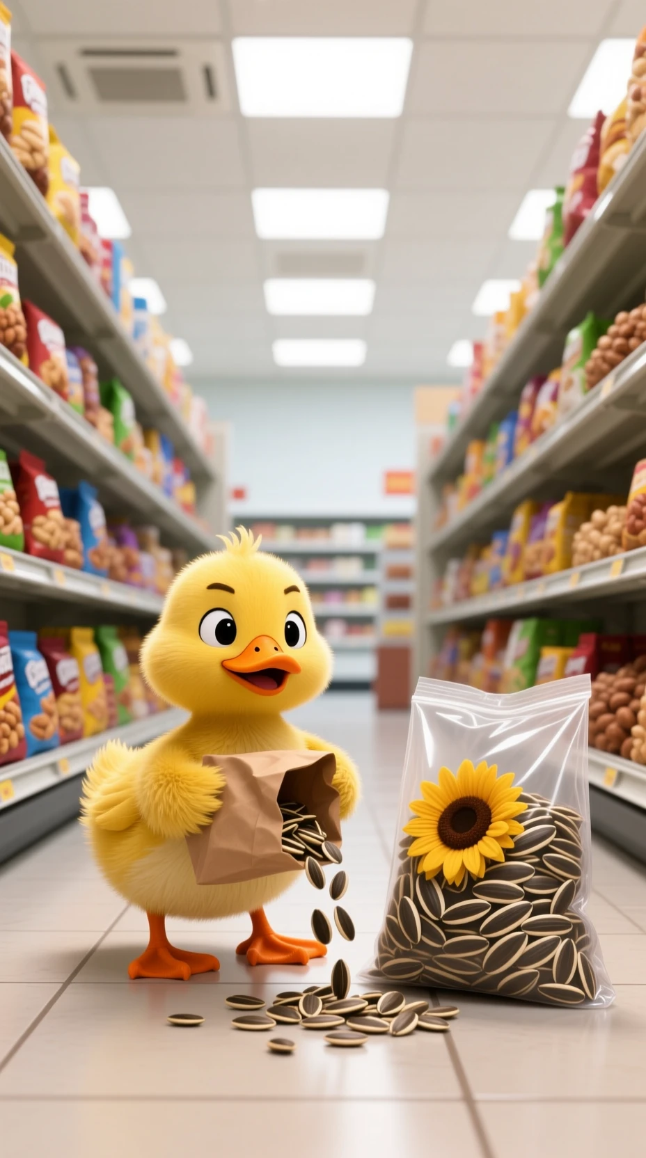 Tierno patito amarillo tirando semillas en el pasillo del supermercado