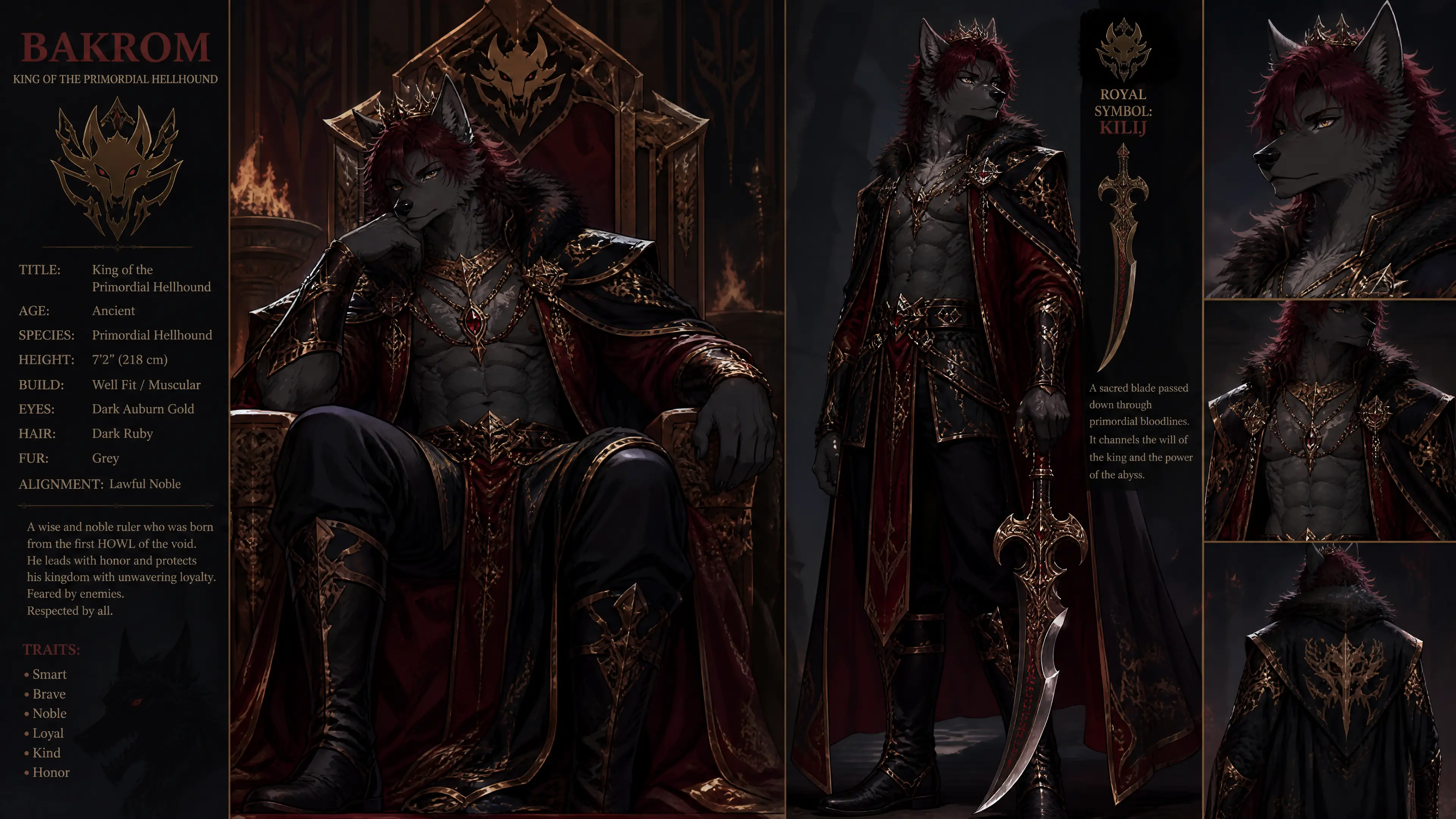 Regal anthro hellhound king in ornate royal garments