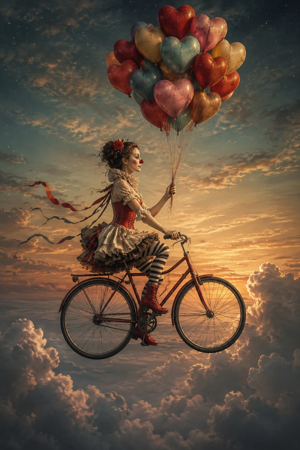 Chica payasa fantástica pedaleando por el cielo crepuscular con globos