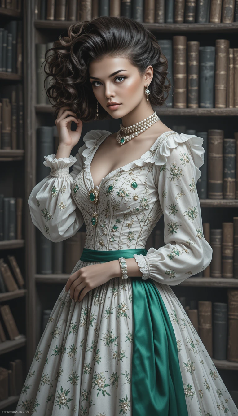 Mujer elegante con vestido victoriano frente a estanterías rústicas de biblioteca