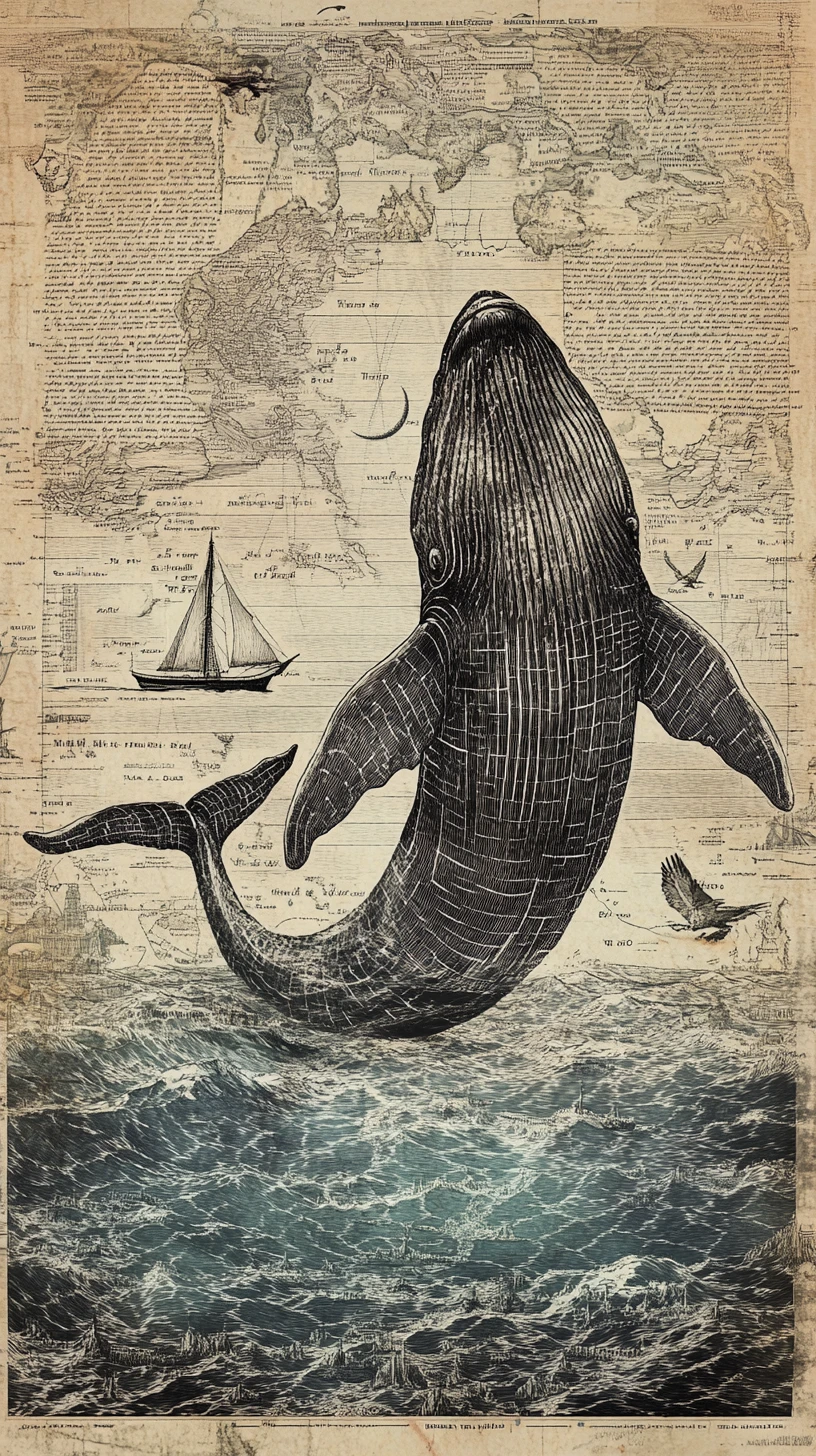 Ballena colosal deslizándose por un océano surrealista de líneas de tiempo