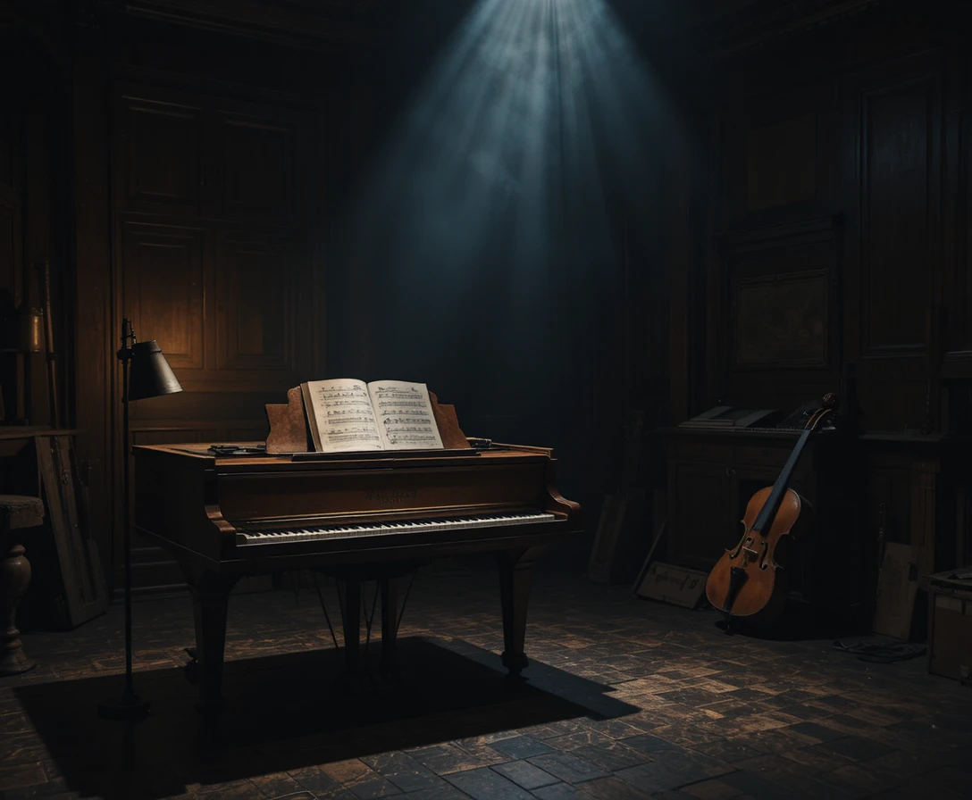 Grand piano in a dark music room with warm lamplight