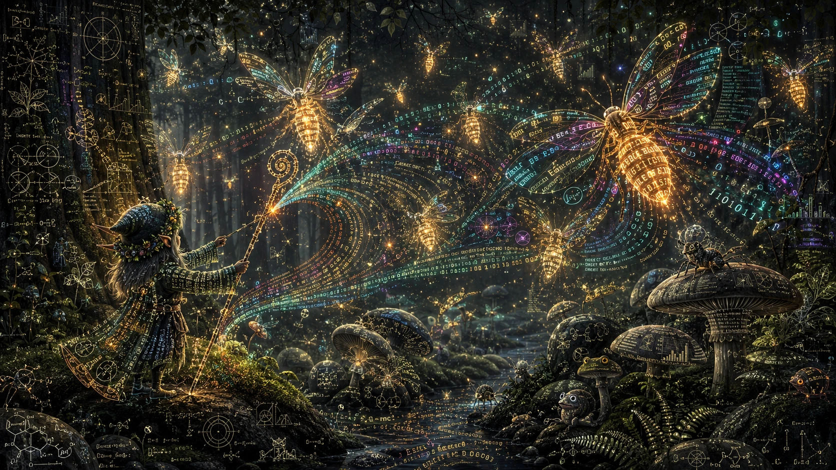 Minuscolo folletto che dirige lucciole di dati luminose nella foresta