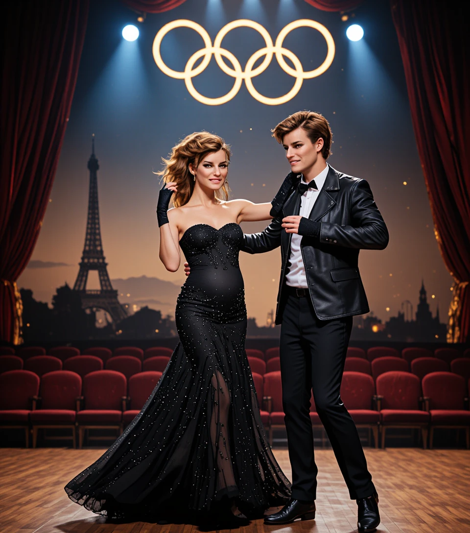 Pregnant couple dancing on a theater stage with Olympic rings