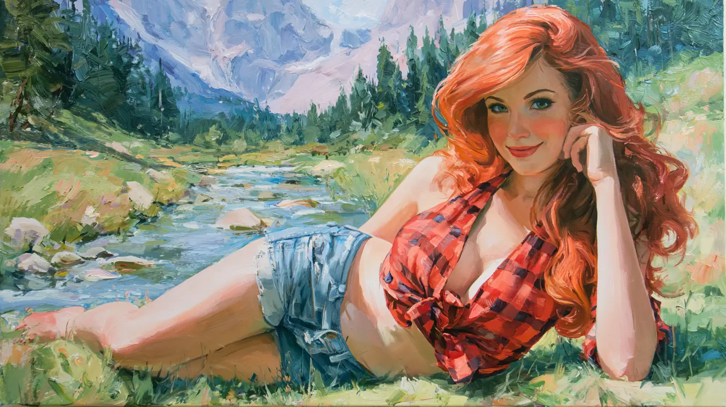 Mulher ruiva sorridente descansando em um prado na montanha
