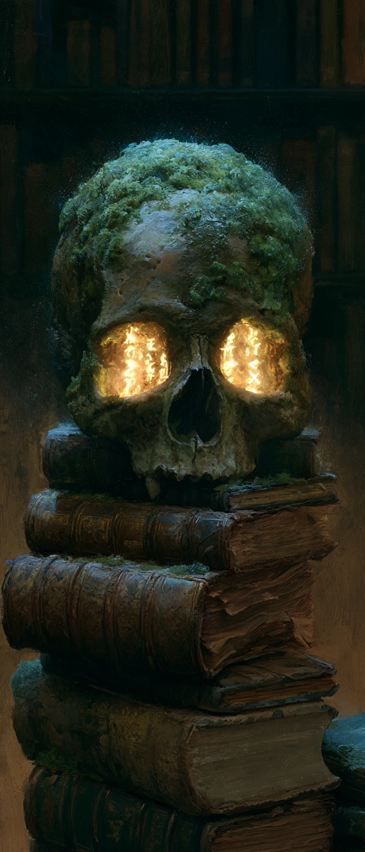 Calavera antigua con runas brillantes en una biblioteca tenue