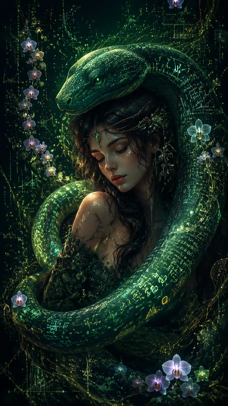 Forest witch entwined with emerald data serpent