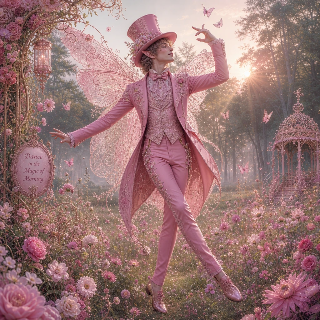 Hada del bosque fantasiosa bailando con un traje rosa