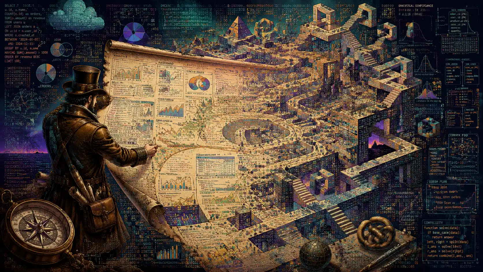 Explorador vitoriano desdobra um mapa analítico surreal e interminável
