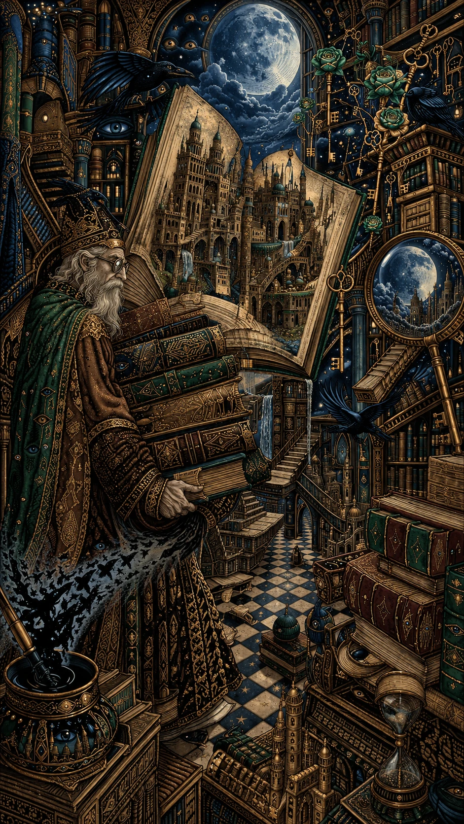 Antigo Bibliotecário Carregando Cidade Torre de Tomos