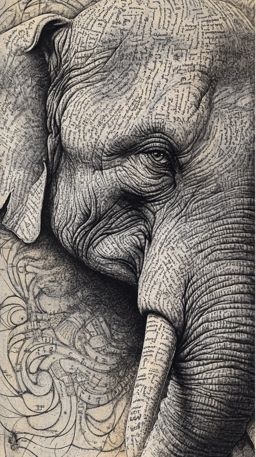 Cuerpo surrealista de elefante que se fusiona con bibliotecas y mapas antiguos