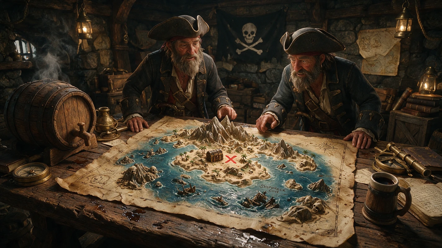 Pirata y primer oficial estudiando un mapa del tesoro 3D mágico