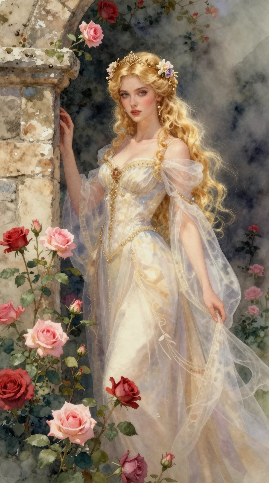 Jeune fille aux cheveux d’or parmi les roses sur un ancien mur de pierre