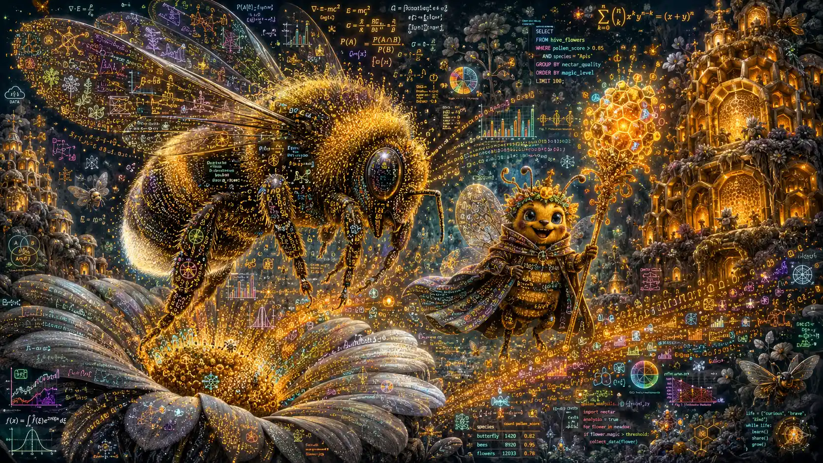 Bombone gigante che vola sopra un fiore selvatico in un magico bagliore di dati