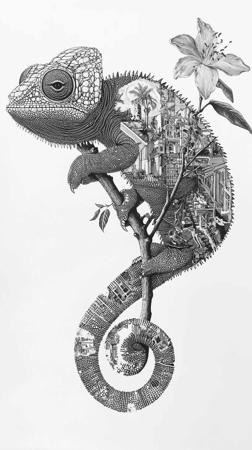 Chameleon On A Branch With Worlds Etched Into Its Scales