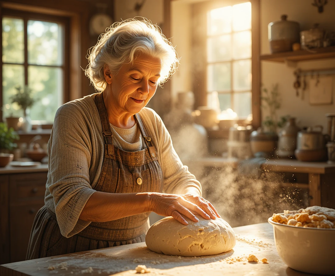 Abuela amasando pan en una cálida cocina iluminada por el sol