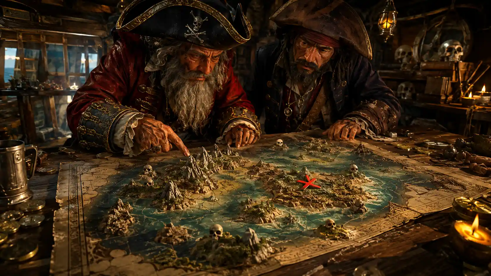 Mapa de tesouro pirata tridimensional em um covil rústico