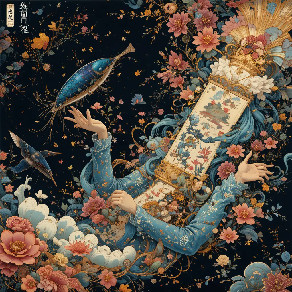夢のような浮世絵風の幻想的な風景巻物
