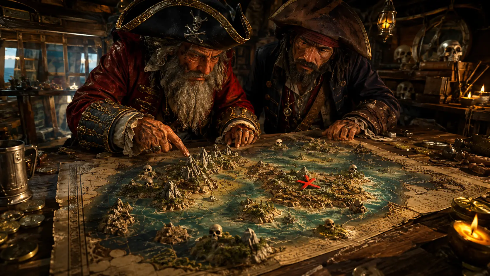 Mapa de tesouro pirata tridimensional em um covil rústico