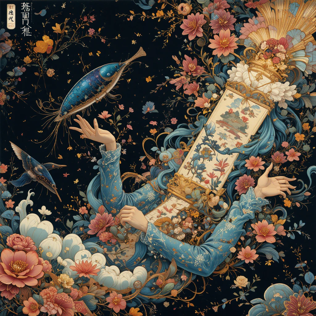 Pergamino onírico inspirado en ukiyo-e con paisaje fantástico