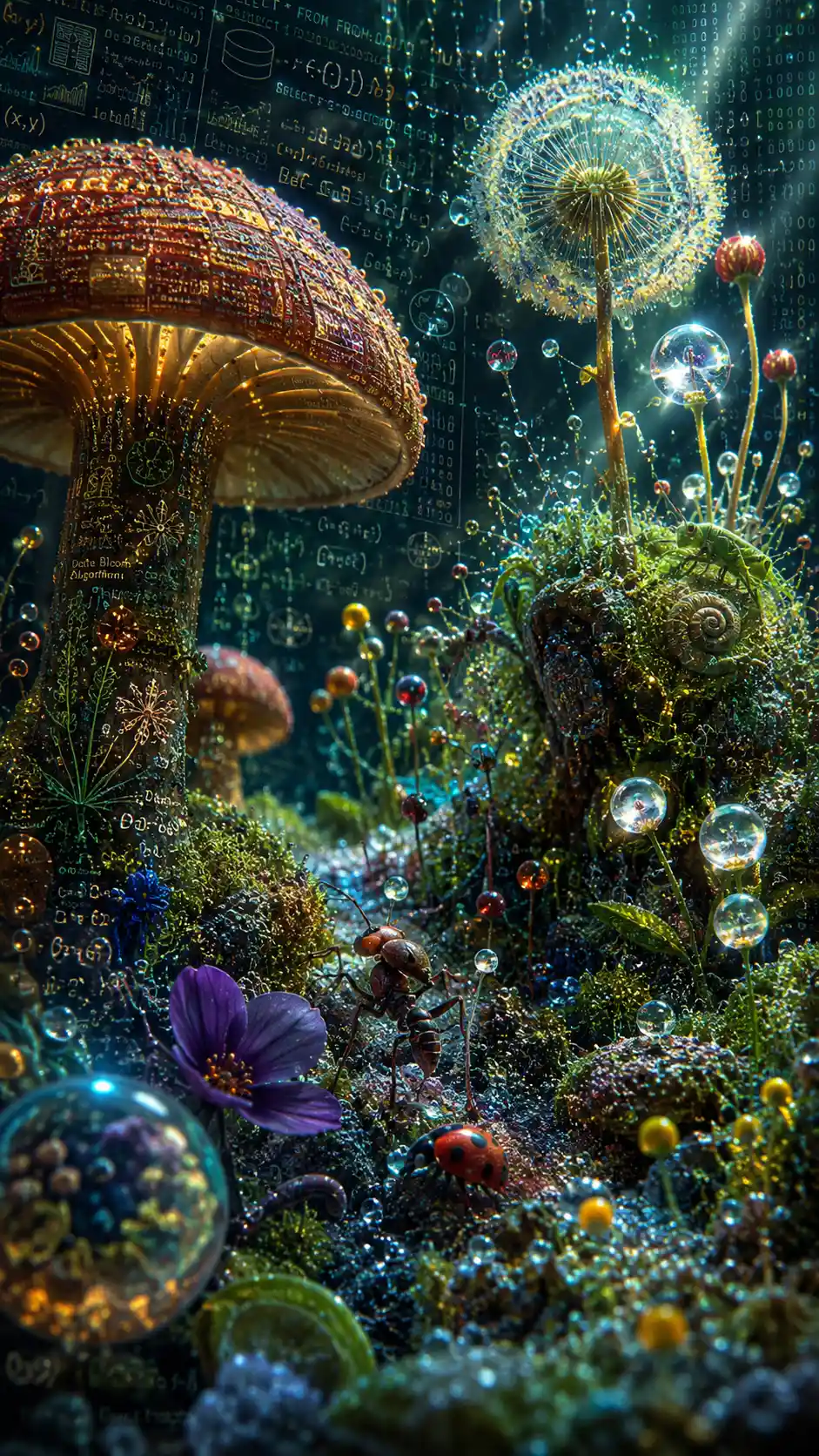 Mundo macro de fantasía de insectos hecho de partículas de datos brillantes