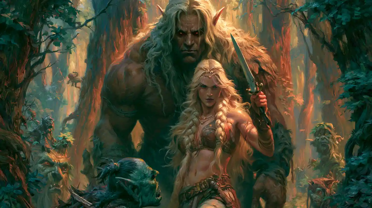 Warrior queen facing goblin in a bright fantasy forest