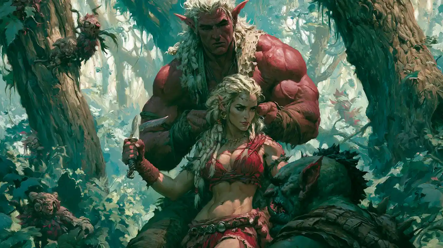 Warrior queen and elven guardian in an enchanted forest