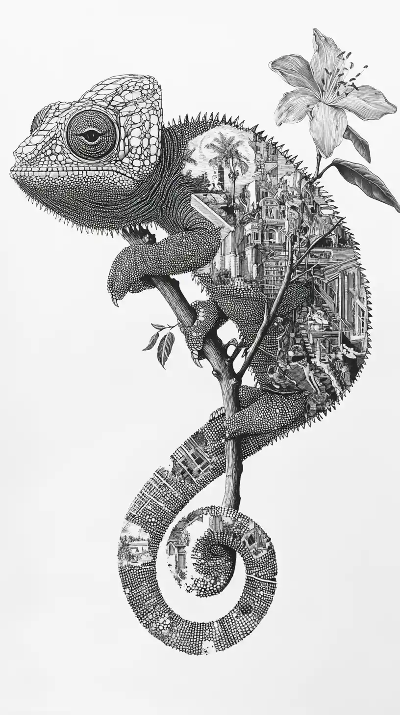 鱗に刻まれた世界をまとう枝のカメレオン