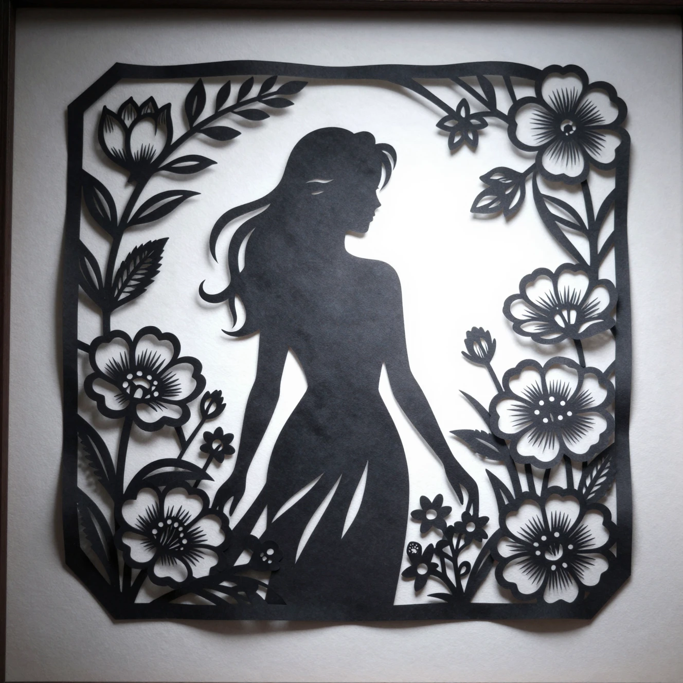 Retrato de mujer en papel recortado por capas entre flores exuberantes