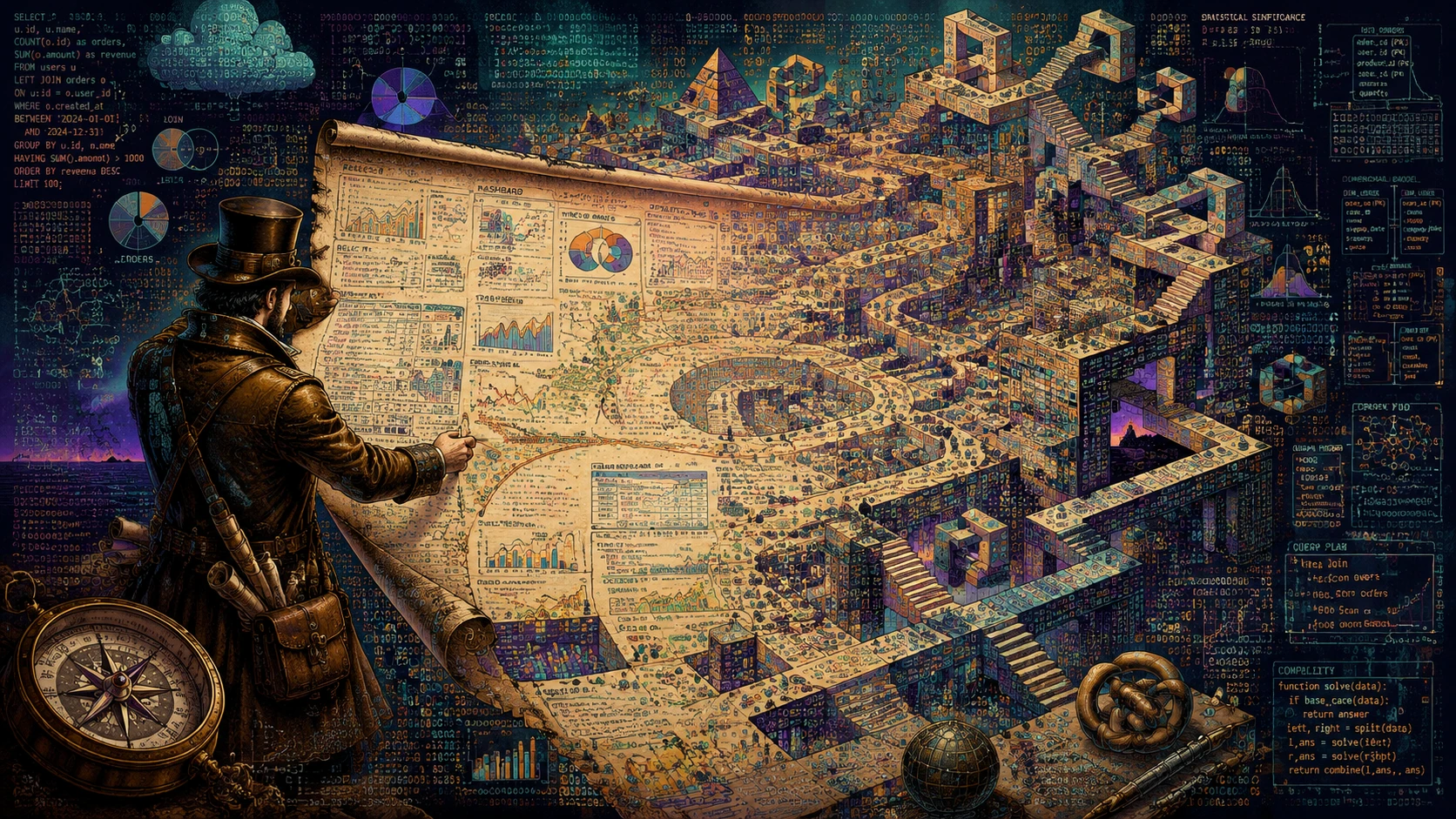 Explorador victoriano desplegando un mapa analítico surreal y sin fin