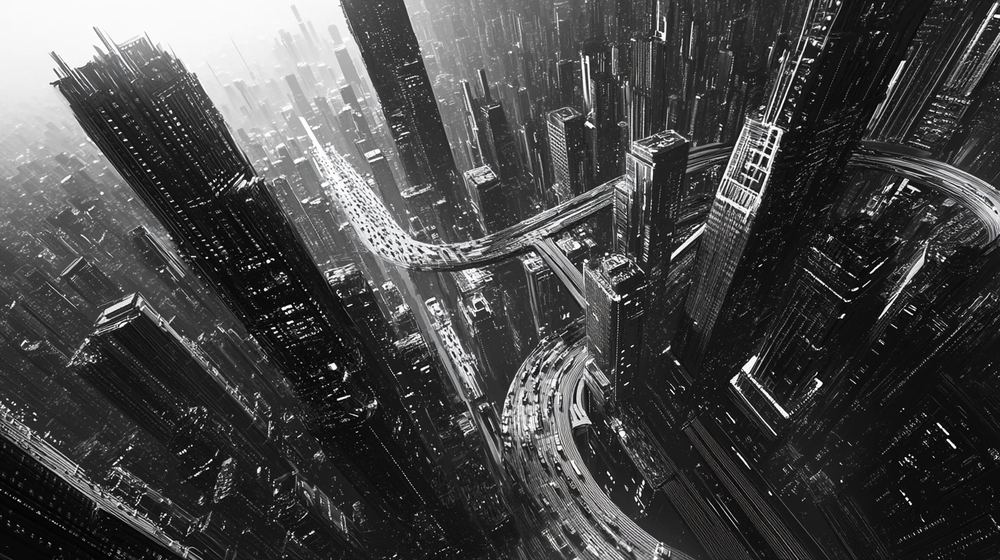 Paisaje urbano surreal que fusiona rascacielos con una orquesta viva