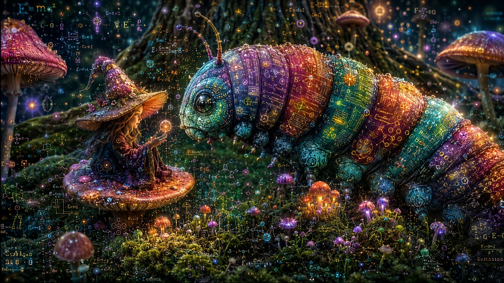 Bruja de los hongos con oruga enjoyada en bosque luminoso